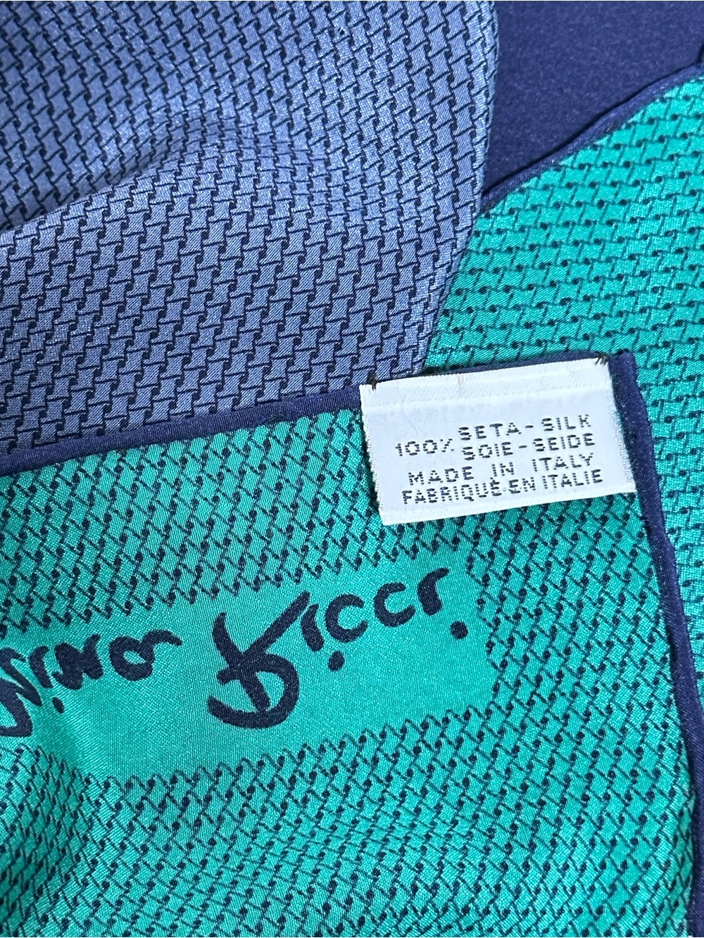 Nina Ricci Teal, Navy & Yellow Graphic Square Silk Scarf Italy 30x30 - Picture 4 of 7
